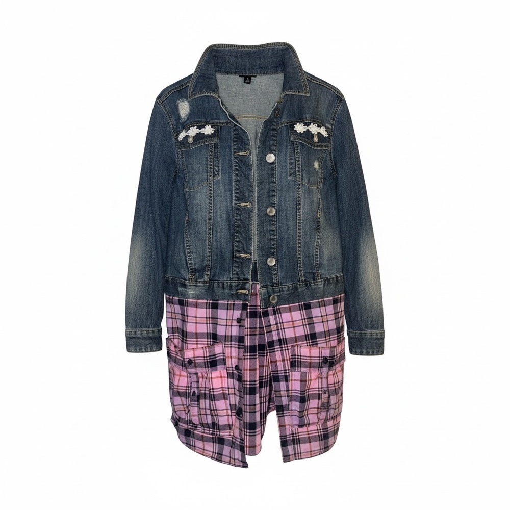Upcycled Women's Denim and Pink Plaid Duster Jacket